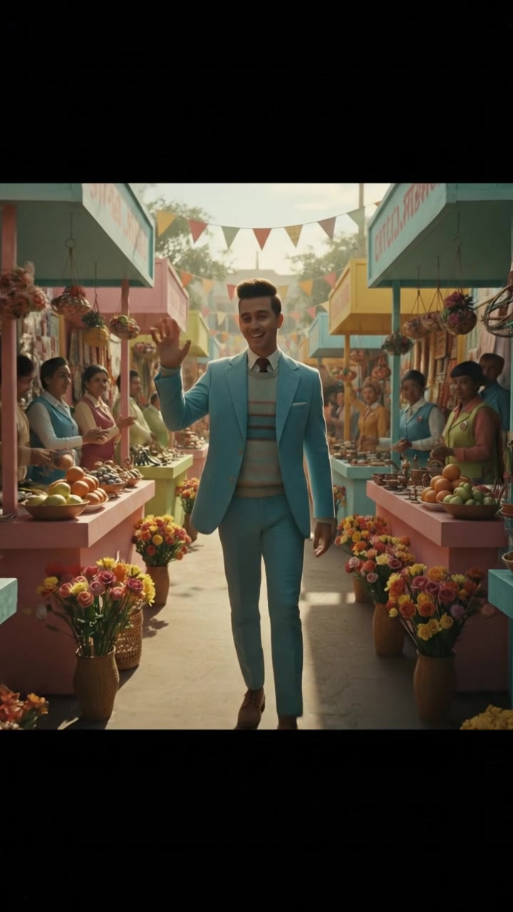 Amir walking through a vibrant market lane, smiling as he greets various vendors.