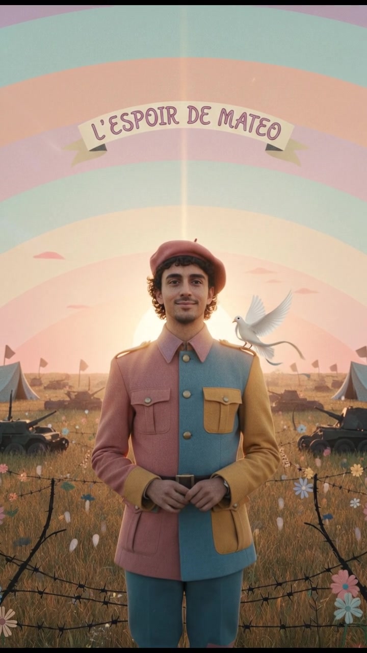 A sunset over a battlefield as Mateo gazes towards the horizon, symbolizing hope.