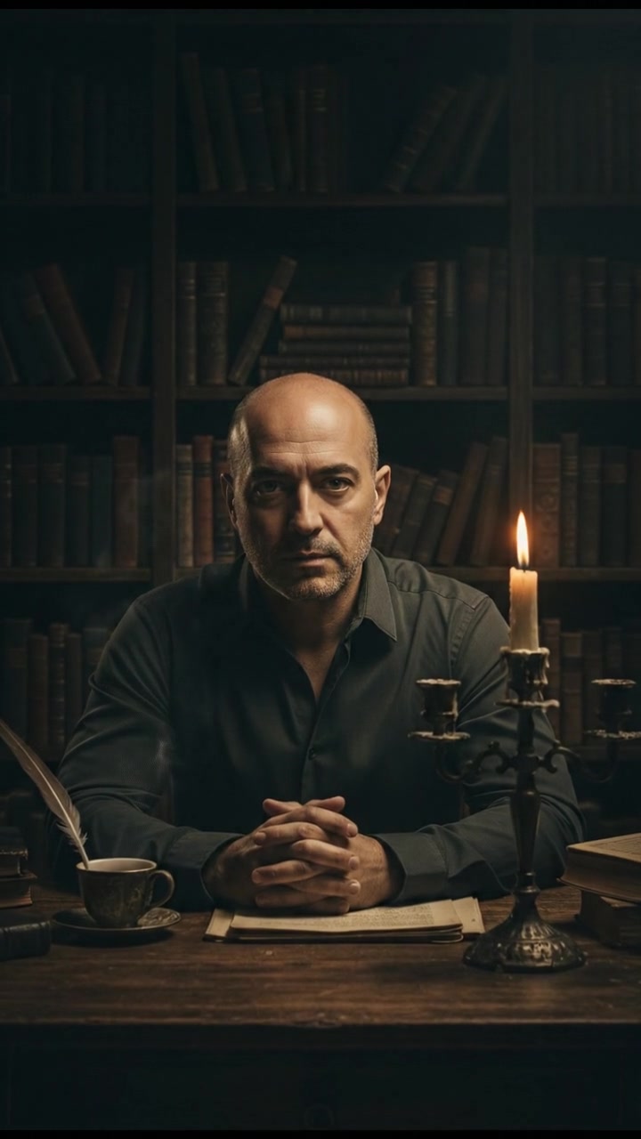 A close-up of the Carlos in a cozy study, sitting at a wooden desk surrounded by books and a dimly lit lamp.