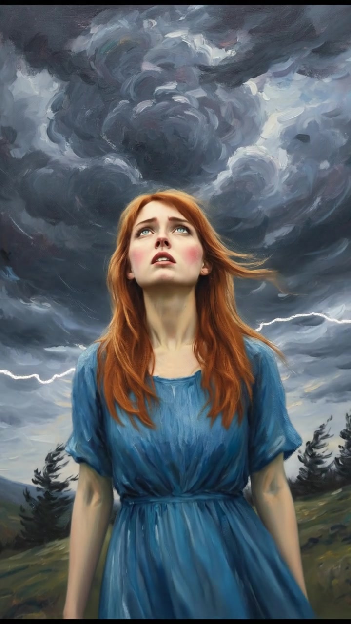Emma stands outdoors in a stormy landscape, looking anxious with dark clouds surrounding her.