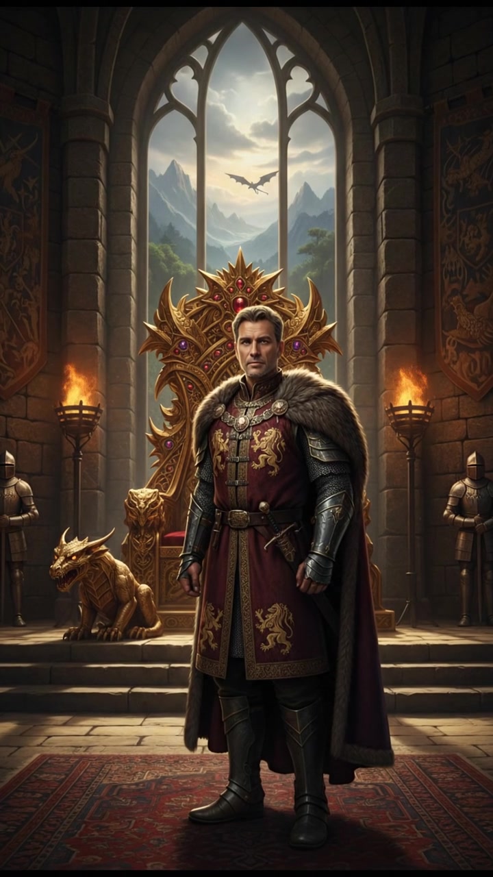 Omar standing confidently in a grand throne room, with ornate decorations and a golden throne behind him.