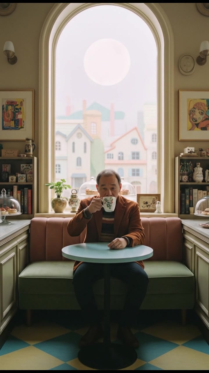 Hiro sitting at a small table in a cozy café, drink in hand, looking contemplatively out the window.