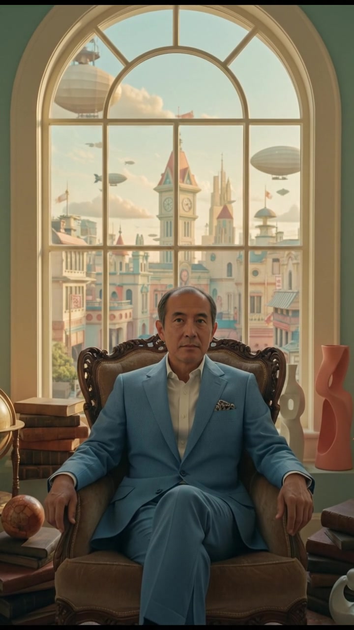 Hiro sitting in an ornate chair, looking thoughtfully at a large window with a city view.