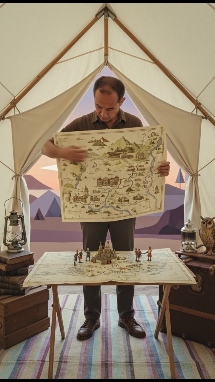Hiro holding a war map, strategizing with intense focus in a tent.