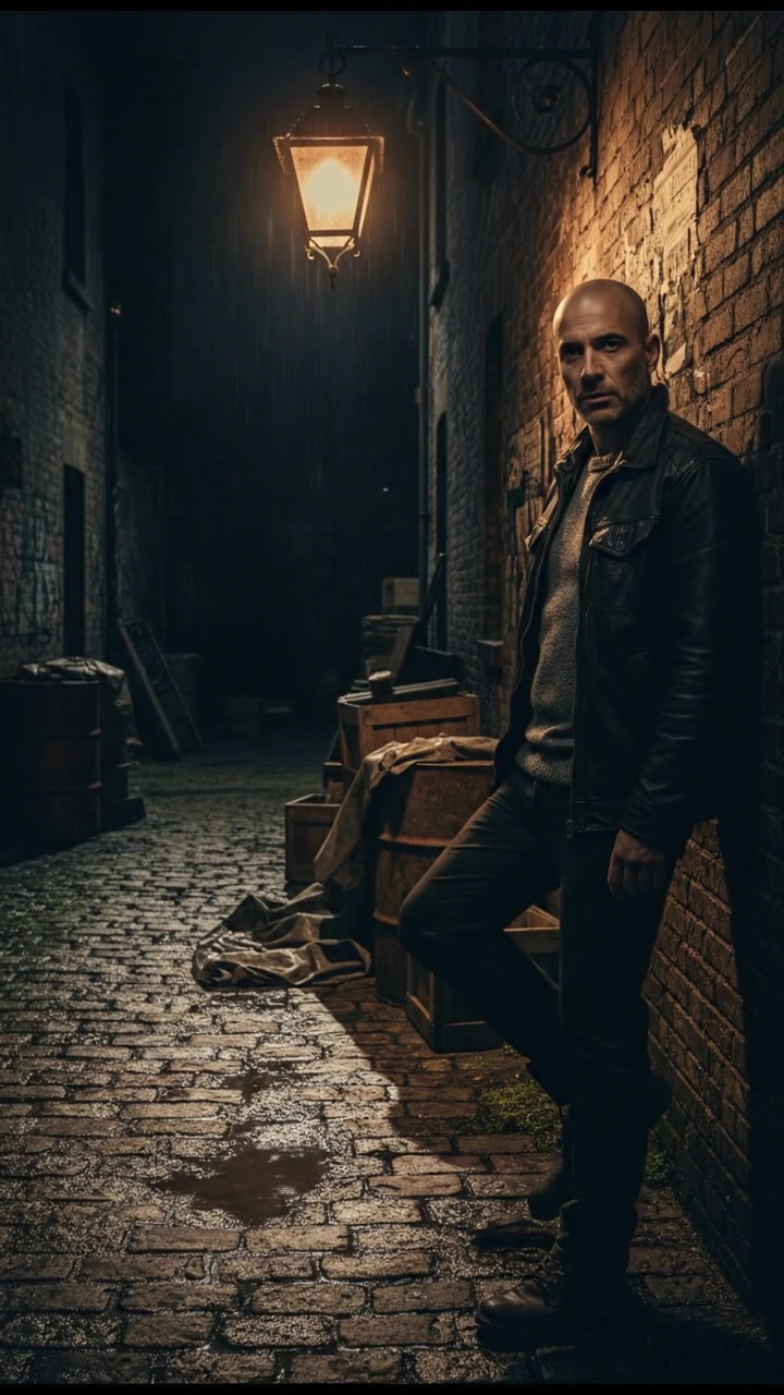 A dark alley with cobblestone pavement, illuminated by a single streetlamp, with the Carlos standing in the shadows.