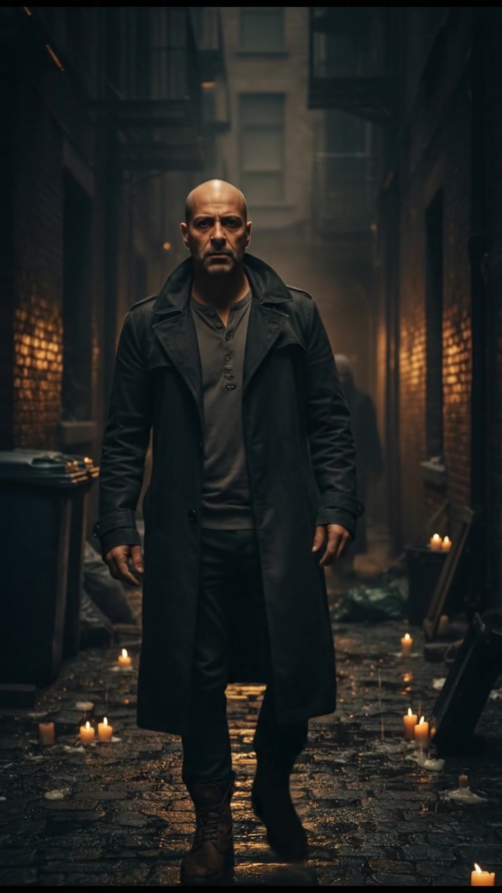 A dark alley with a shadowy figure lingering, the Carlos appears determined.