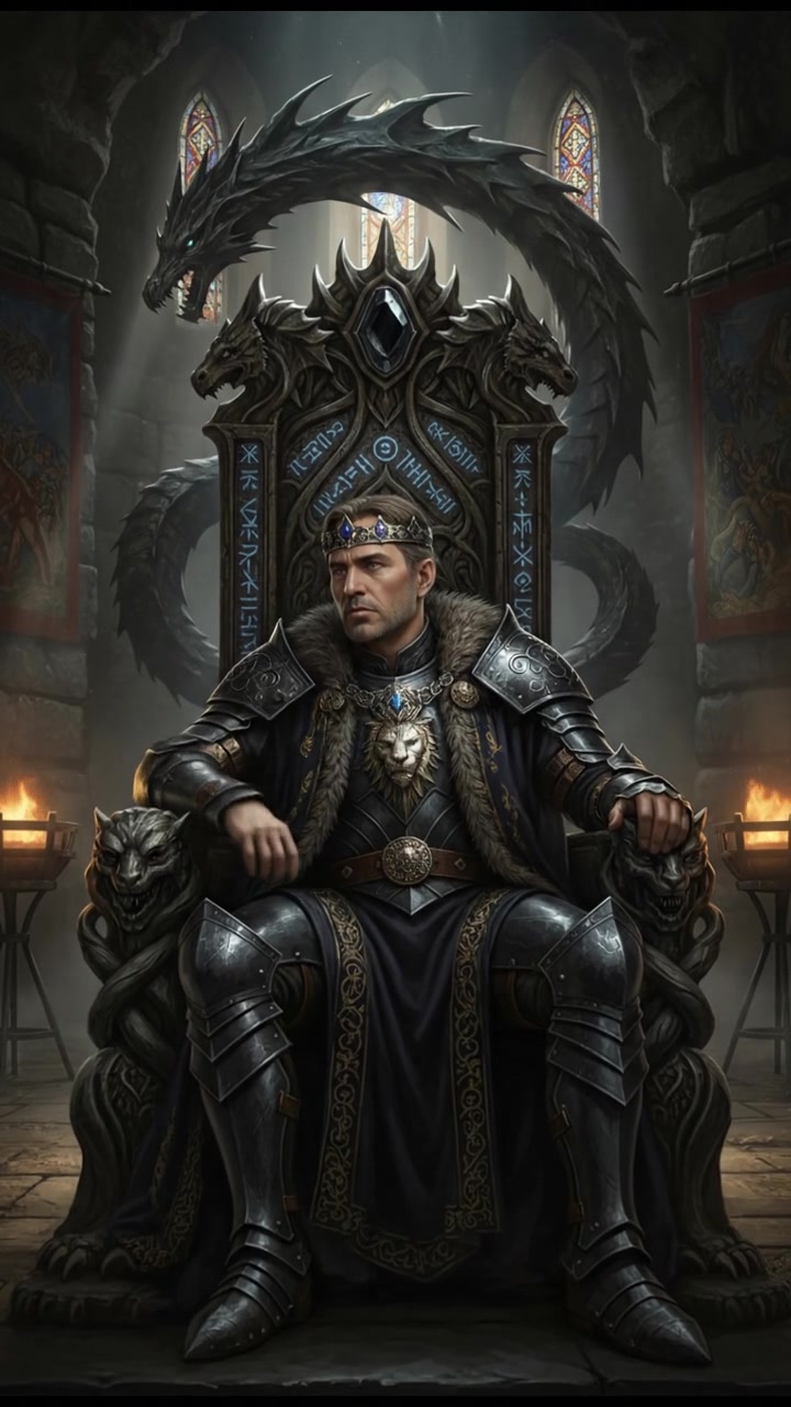 Omar sitting on a grand throne in a dimly lit room, lost in thought.