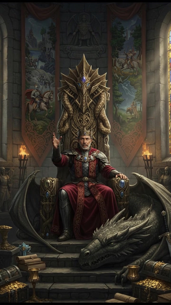 A grand palace scene with Omar seated on an ornate throne, surrounded by intricate tapestries and decorations.