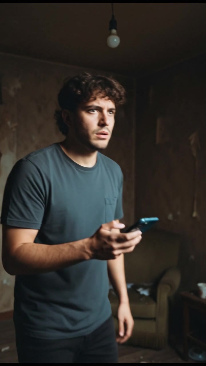 Inside a dimly lit room, the Mateo looks nervous while holding his phone.
