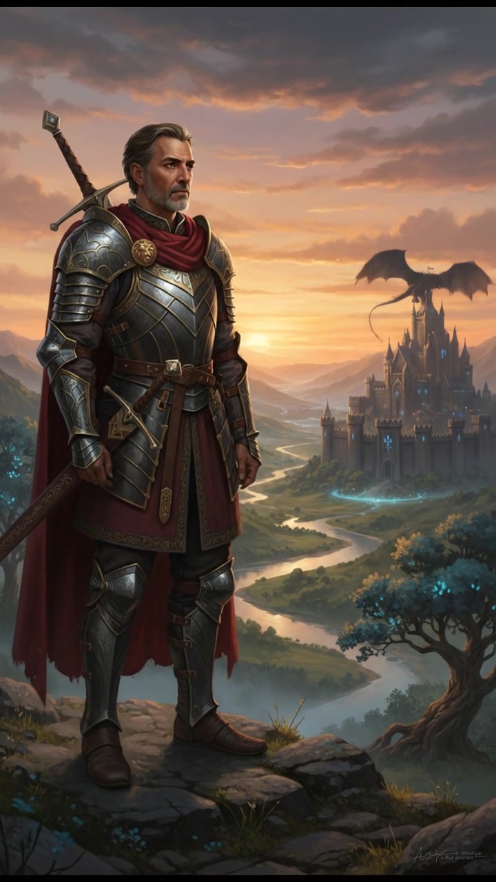 A serene landscape with a solitary figure standing on a hilltop, overlooking a calm valley at sunset.