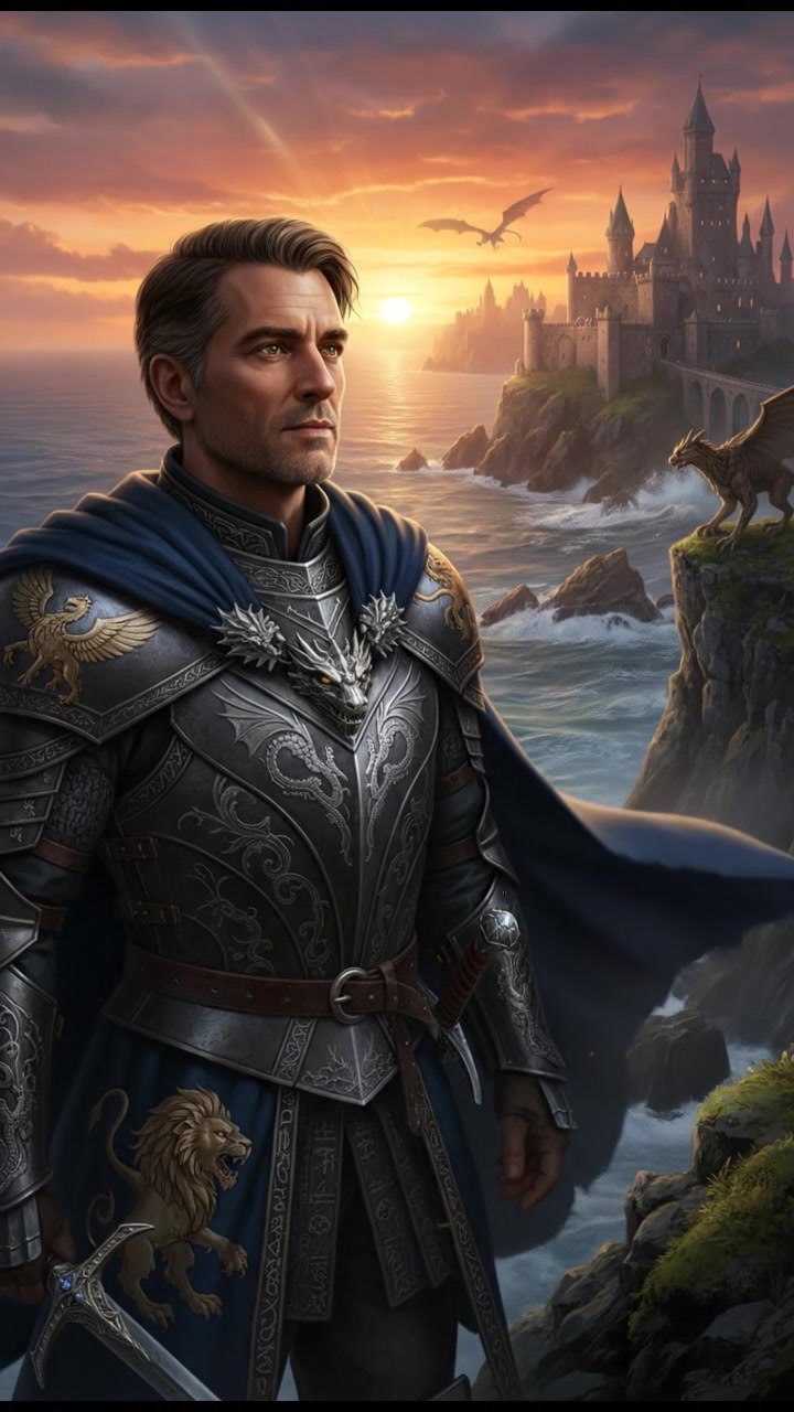 A close-up of the Omar standing on a cliff, gazing at a sunset over a vast ocean.