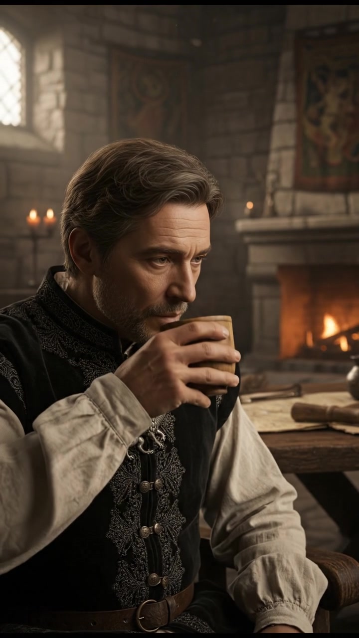 A close-up of the Omar sitting in a dimly lit room, looking contemplative while holding a cup of tea.