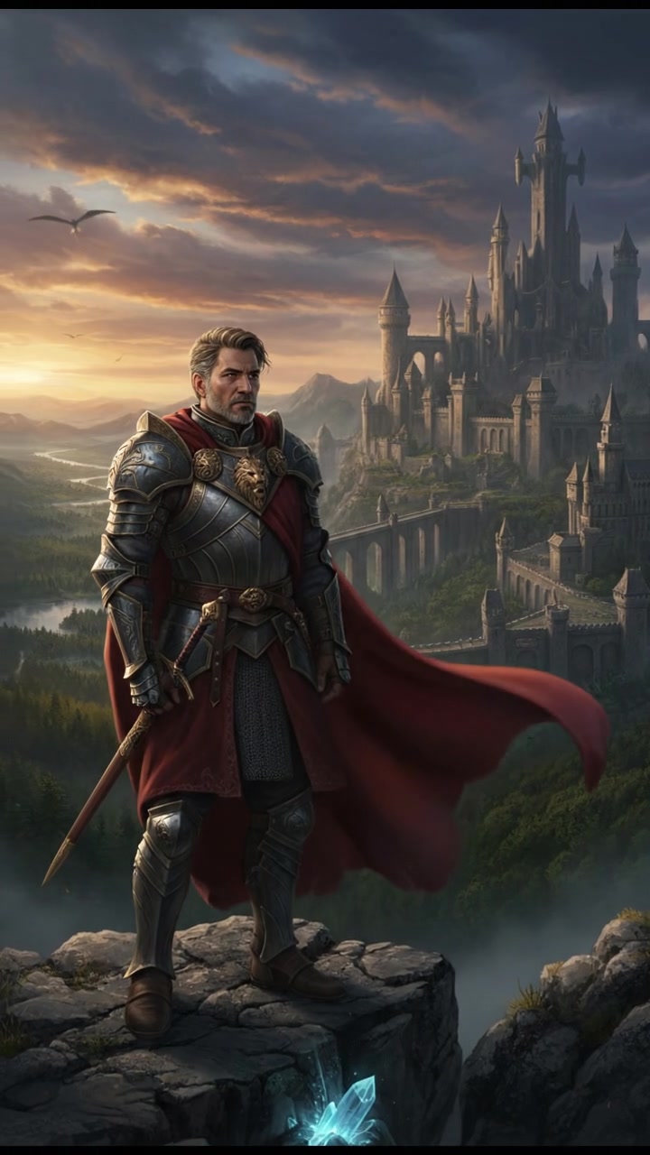 The Omar stands on a rocky cliff at sunset, gazing into the distance, with clouds swirling above.