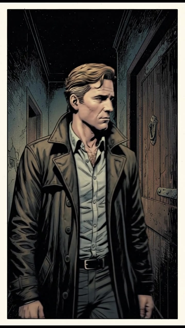 A dimly lit hallway with eerie shadows, Mark standing quietly, looking at an old door.