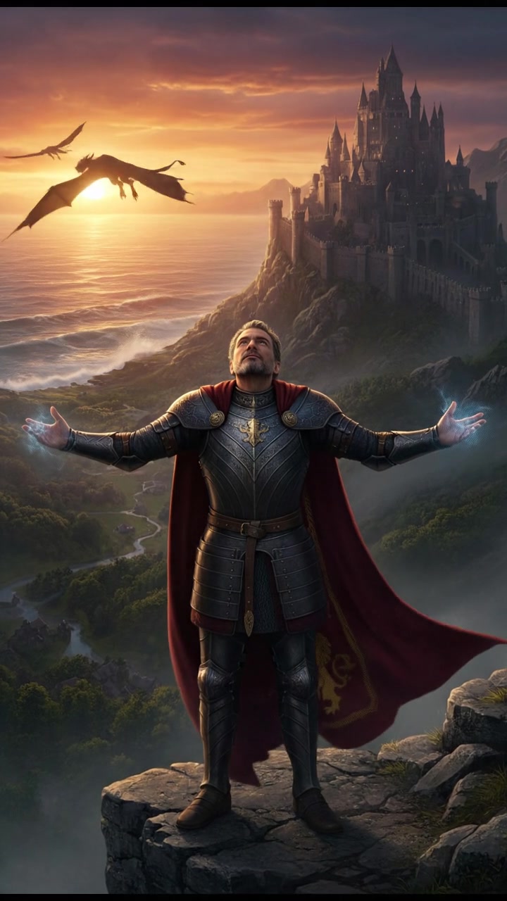 The Omar stands on a cliff overlooking a vast ocean at sunset, with arms outstretched.