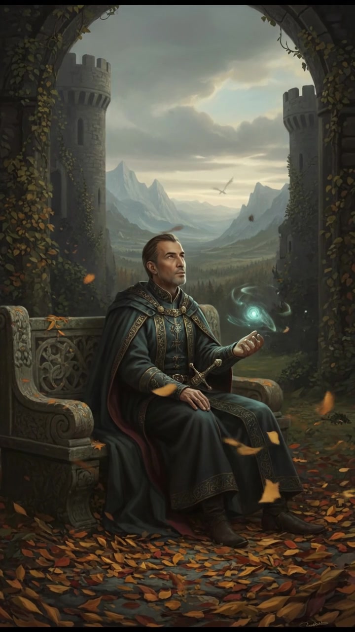 Omar seated on a park bench, looking pensive, surrounded by scattered leaves in autumn.