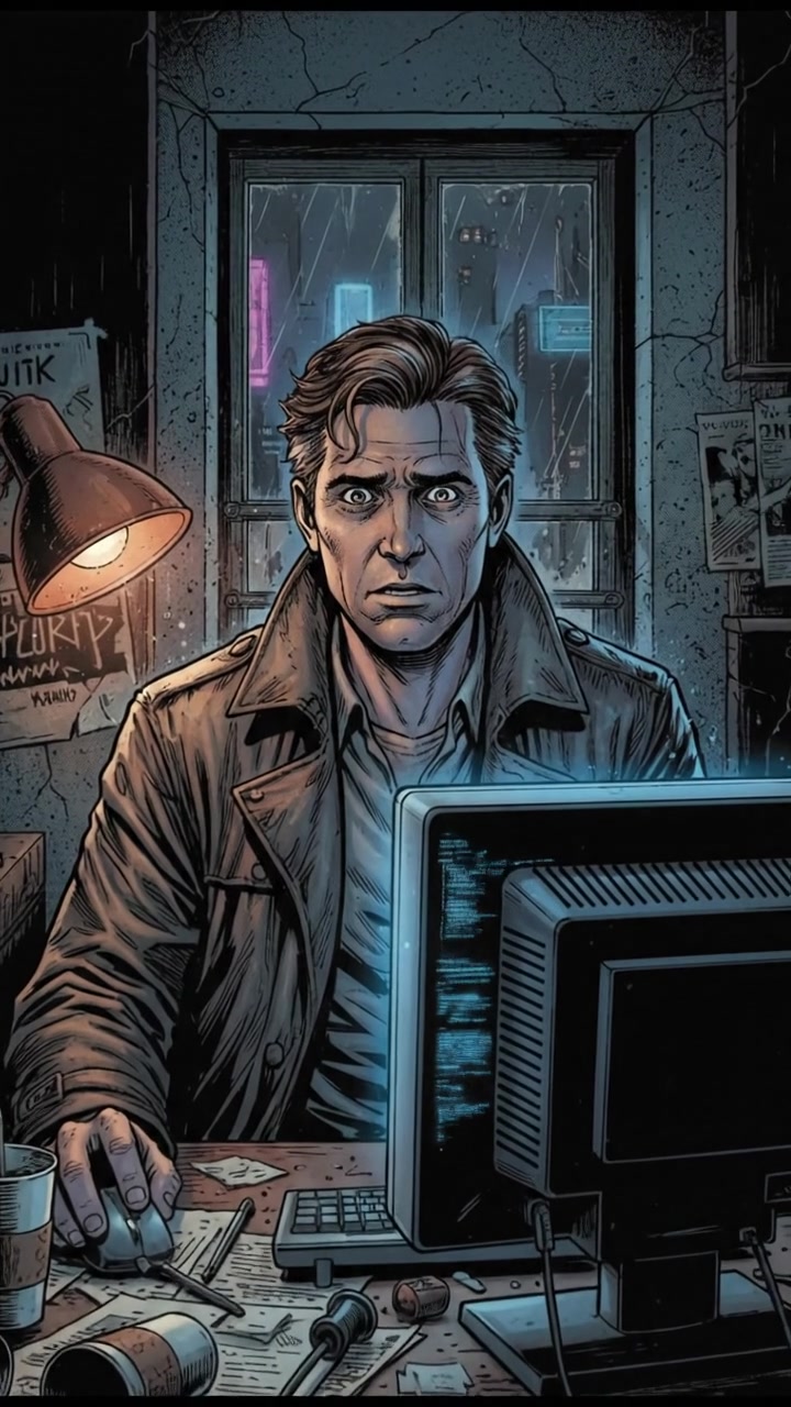 Mark sitting at his desk, looking at his computer with a concerned expression.