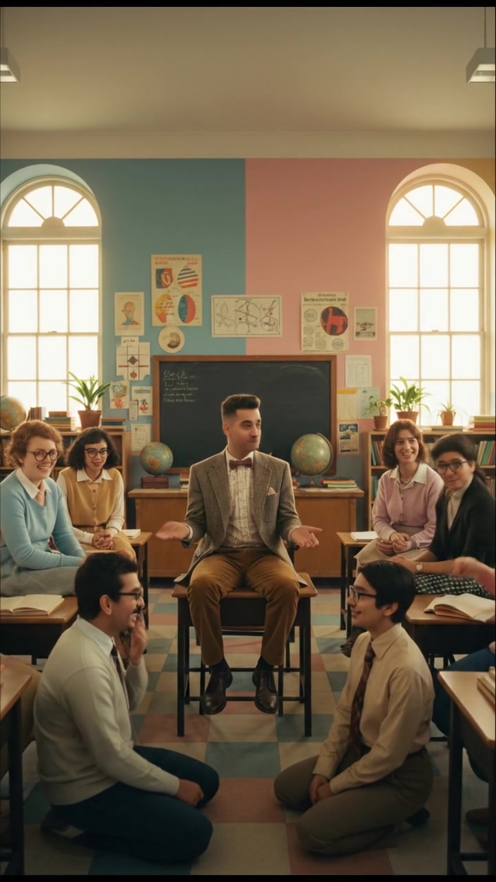 Ahmad sitting at a classroom desk, interacting with a group of students in a bright classroom.