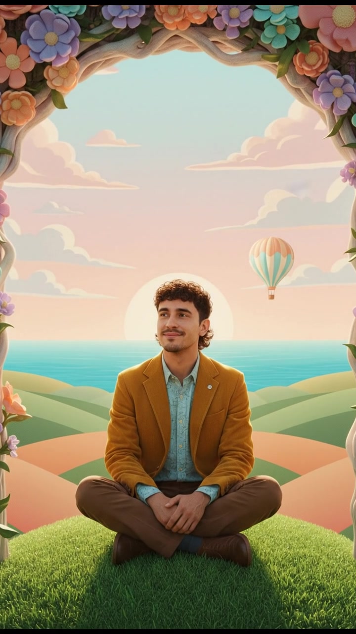 Mateo sitting on a grassy hill, gazing at the horizon with a peaceful expression.