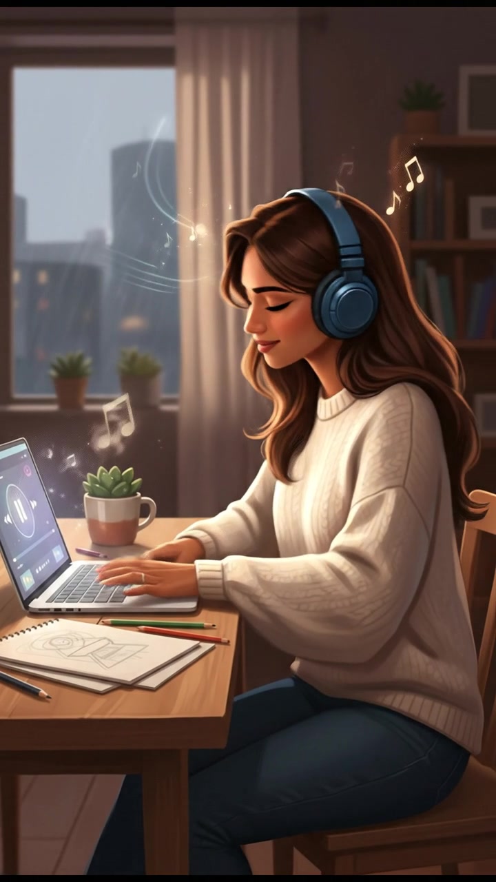 Priya sitting at a desk, wearing headphones, listening intently to music on her laptop.