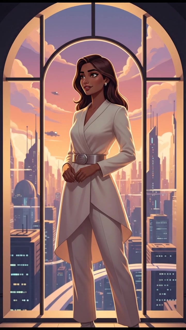 Priya stands confidently in her outfit, looking out the window with anticipation.