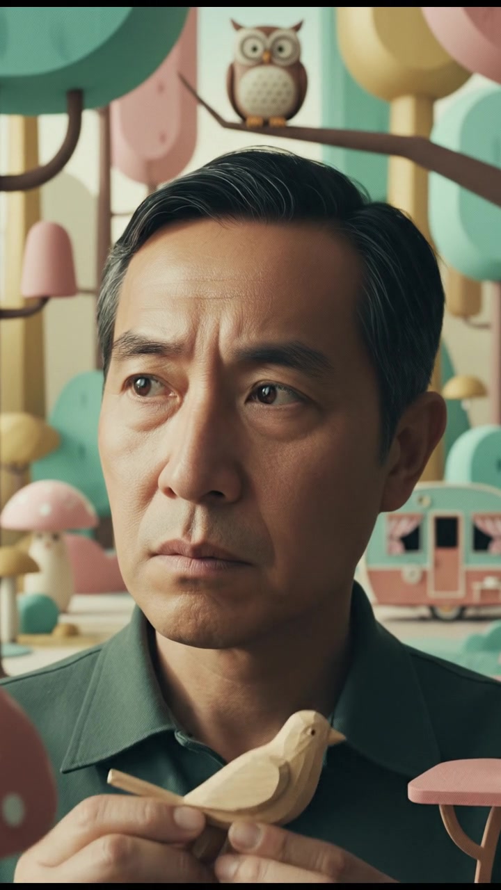 A close-up of Hiro's face, showing a pensive expression as he pauses his work, surrounded by the silent forest.