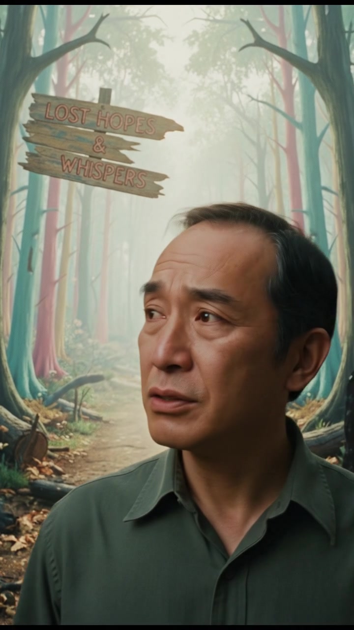 A close-up of Hiro whispering softly, his expression filled with regret, as he stands in the middle of the damaged forest.