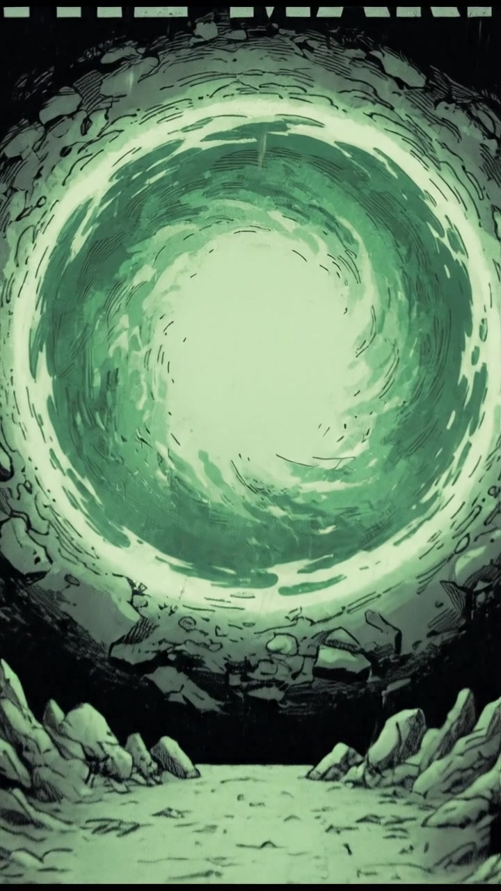 A swirling green portal erupting from the ground, casting eerie light on The Mark.