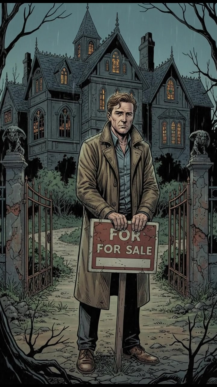 Mark stands outside a large, luxurious house, holding a 'For Sale' sign.