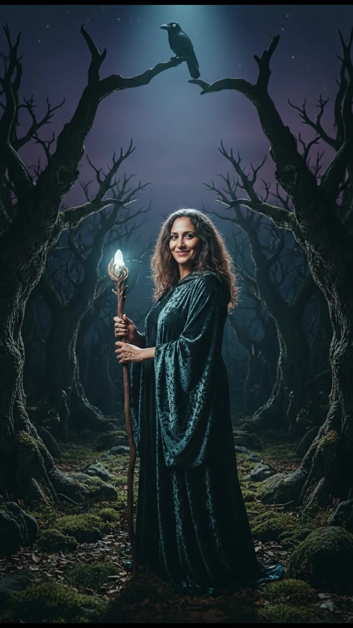 The Asha standing in a forest clearing, surrounded by trees under a twilight sky.