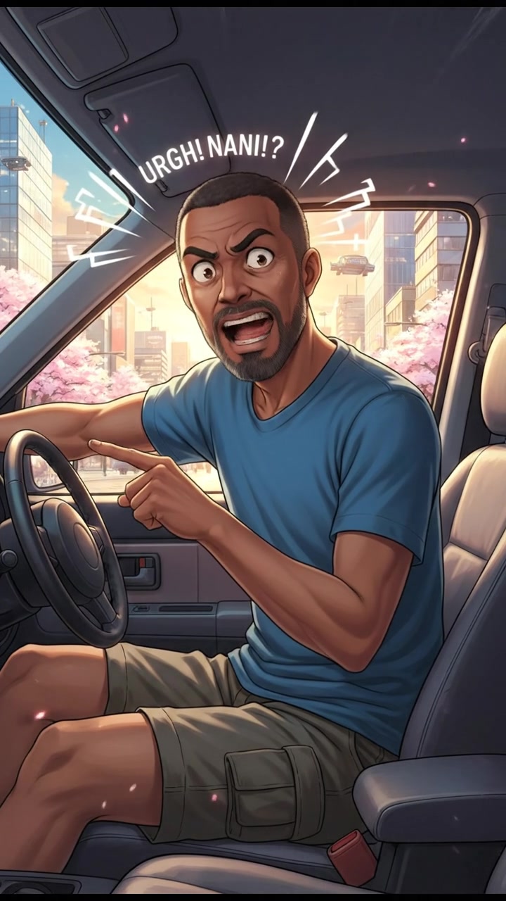 Kwame shaking his head in frustration, pointing at the passenger seat.