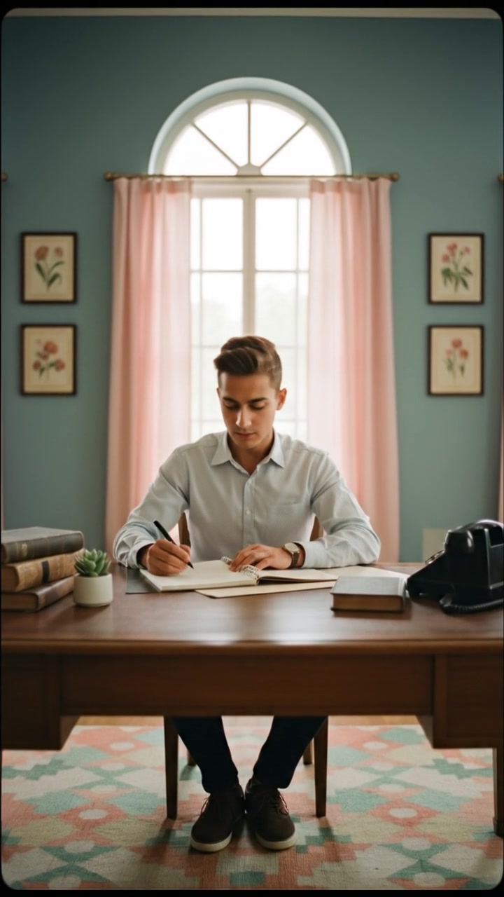 The Amir sitting at a desk, writing in a notebook with a focused expression.
