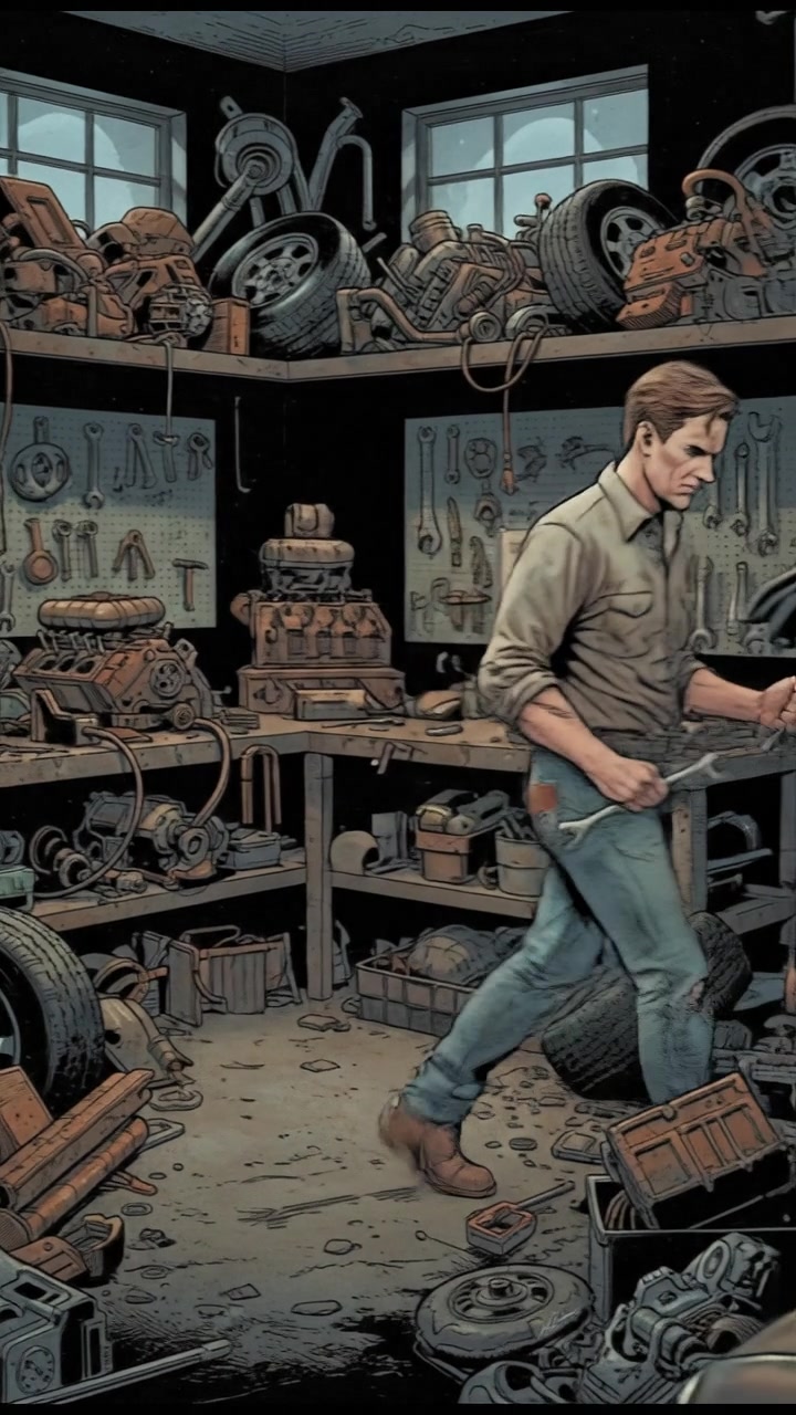 Mark standing in his cluttered garage, surrounded by car parts and tools.