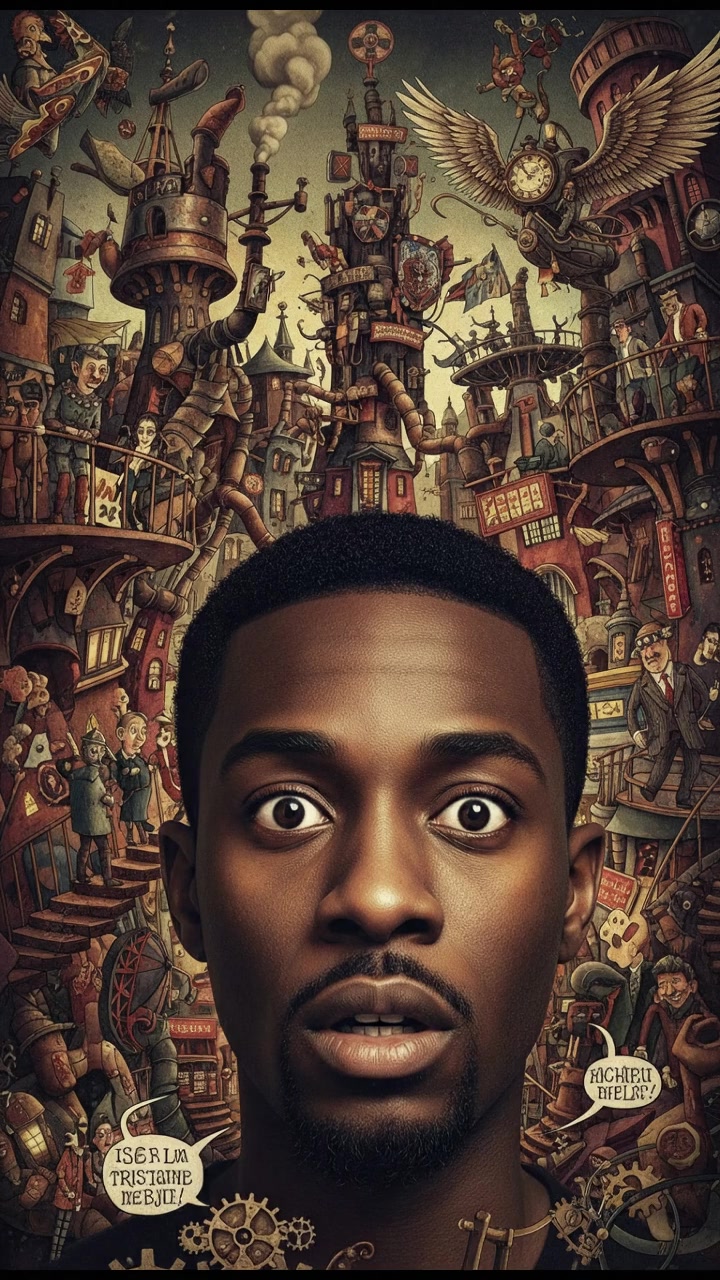 A close-up of Isaiah looking bewildered as he observes the city around him.