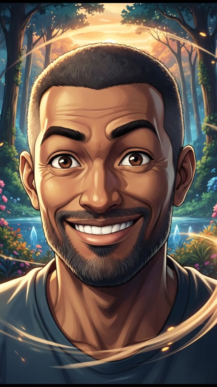 Close-up of Kwame smirking lightly with a playful expression, sunlight shining on his face.