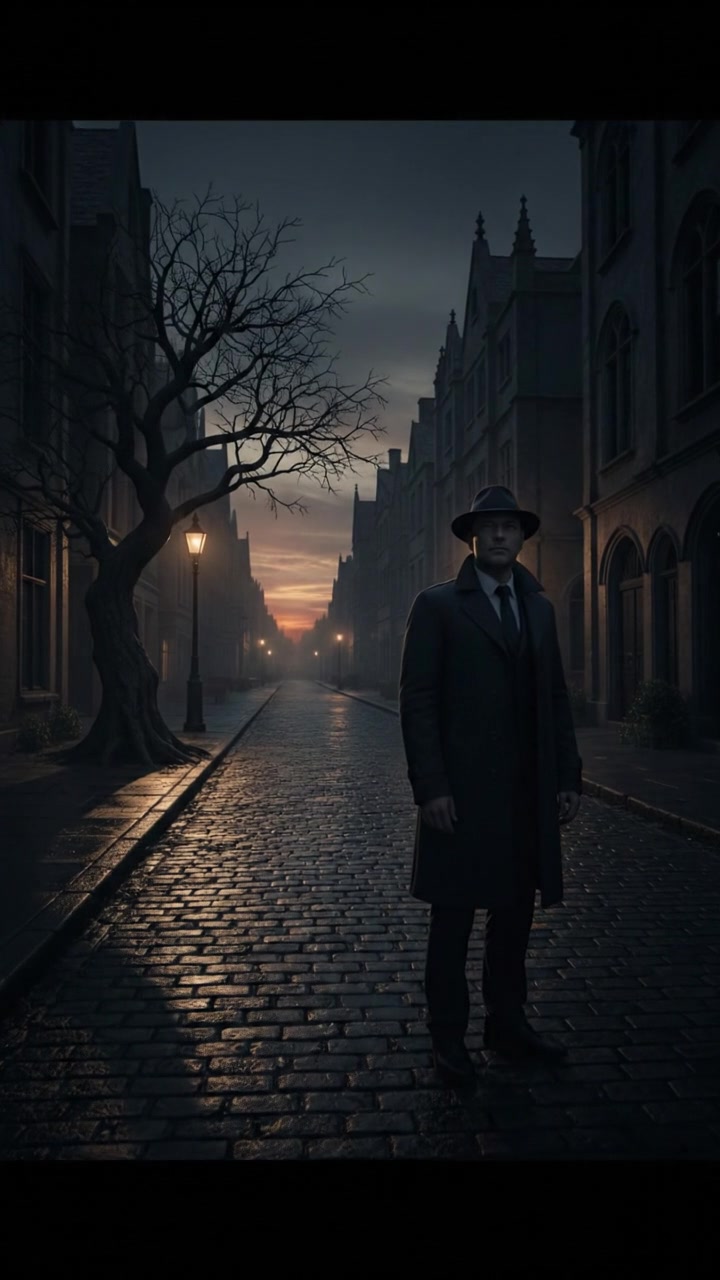A street at dusk, with a single tree casting a shadow, the Carlos is standing across the street.
