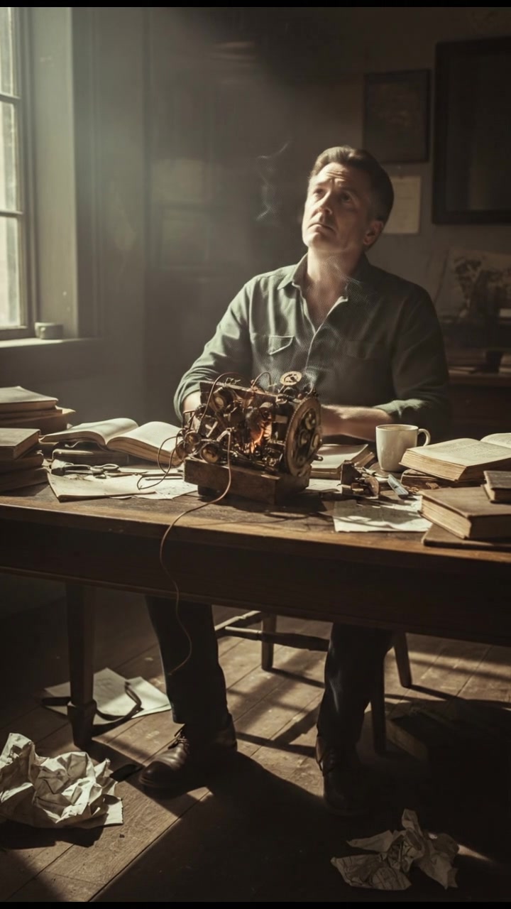 Mark sitting at a desk cluttered with papers and books, looking thoughtfully at a failed invention.