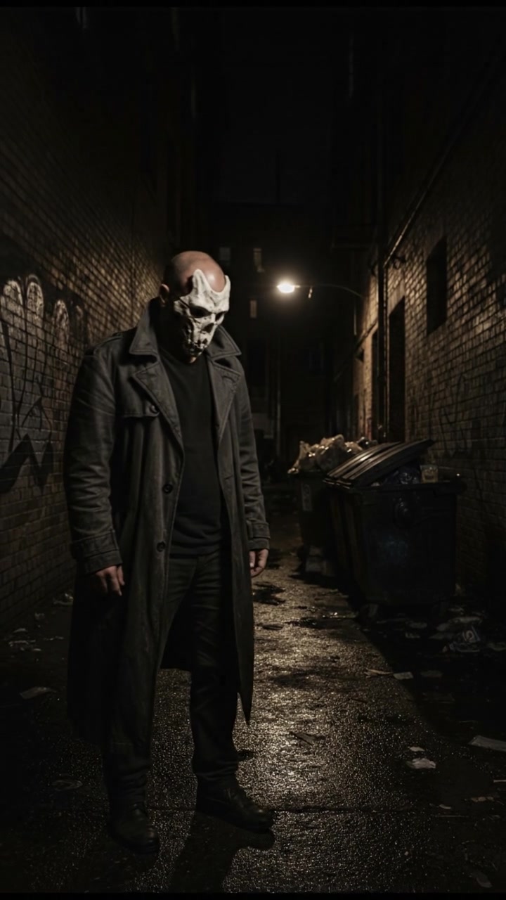 A dark alley with dim light illuminating the Carlos, who is partially hidden, with a white bone-like mask.