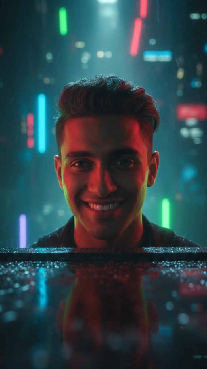 A close-up of Arjun's gentle smile illuminated by soft glowing light.