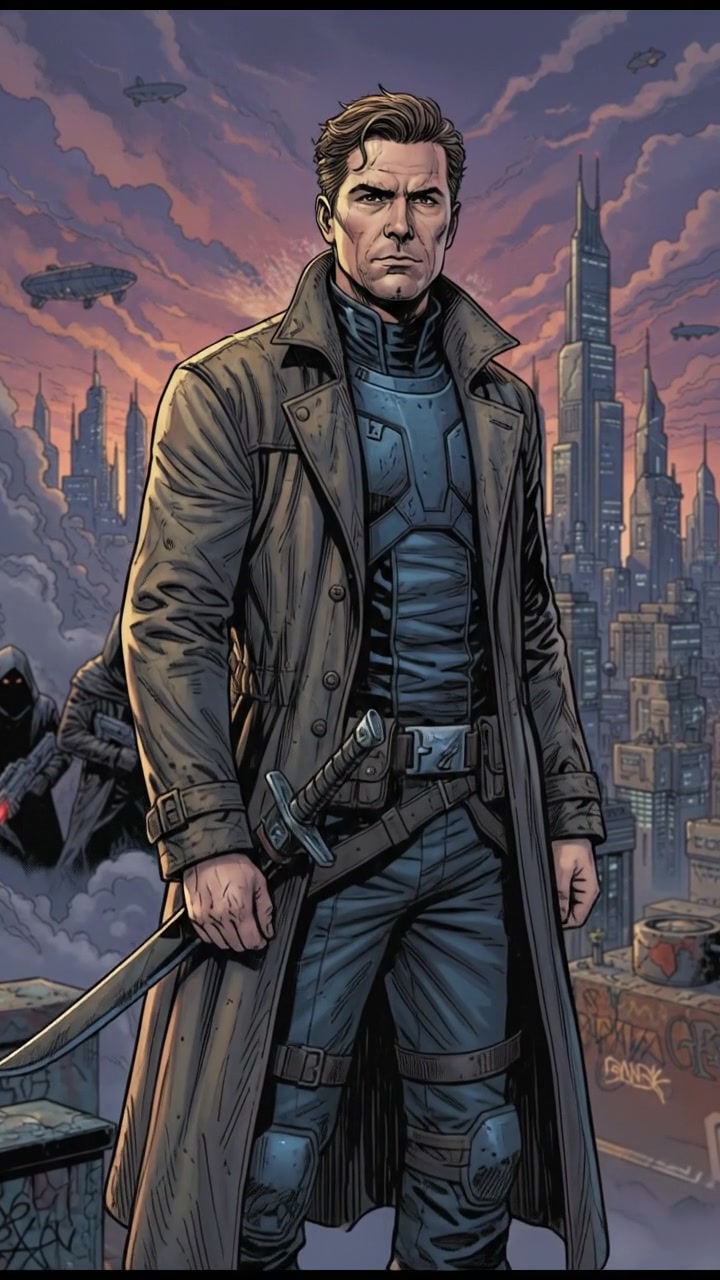 Mark stands on a rooftop, looking into the distance with a watchful expression, unaware of approaching danger.