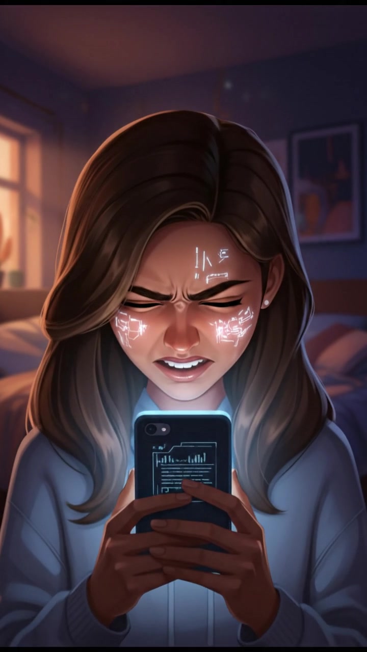 A close-up of Priya holding her phone, squinting at the screen in a dimly lit room.