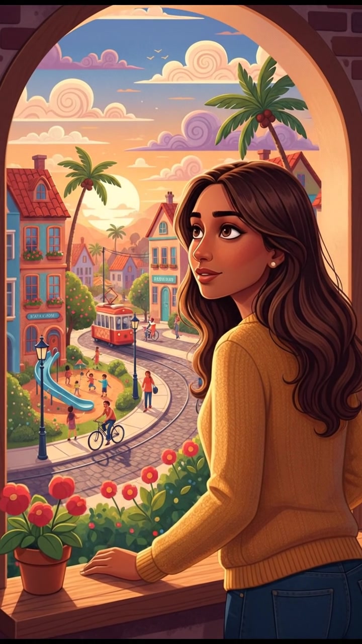 A view of Priya looking out of a window, observing the surroundings of her neighborhood.