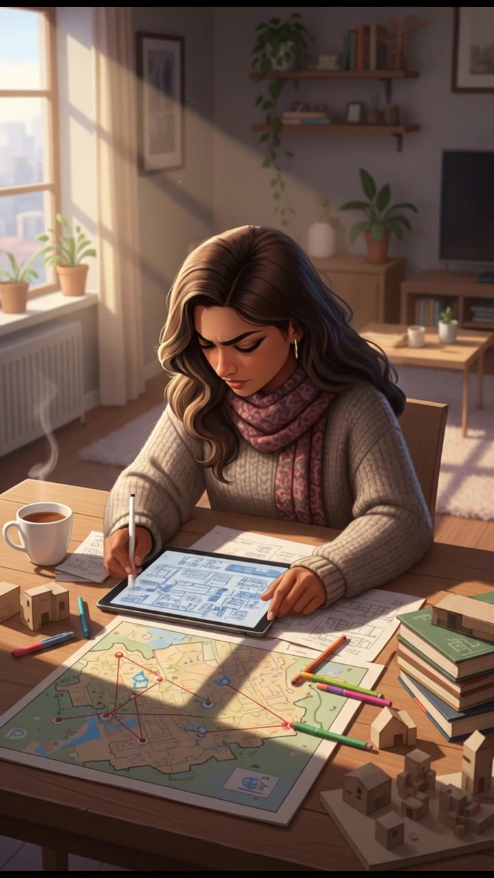 Priya sits at her dining table, deep in thought, planning her project and gathering materials.