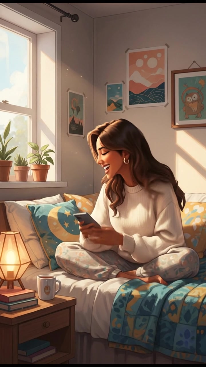 Priya sitting on her bed, holding her mobile phone and smiling.