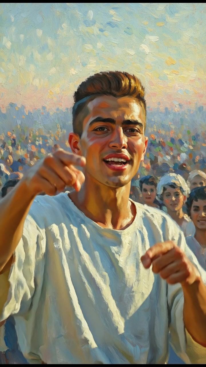 Close-up of Amir raising his hand while speaking to the crowd.