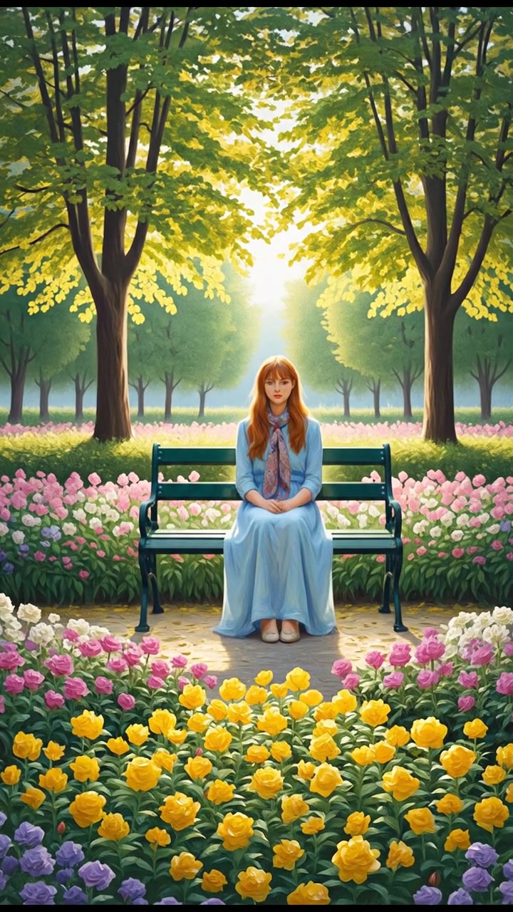 Emma sitting on a park bench, looking down with a sad face, surrounded by trees and flowers.