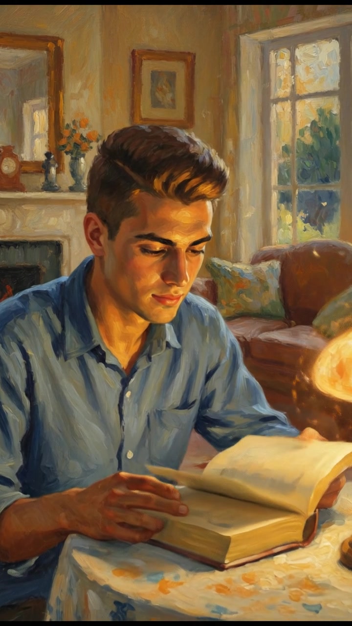 A close-up of Amir reading a book at a cozy table, with a warm lamp illuminating the pages.