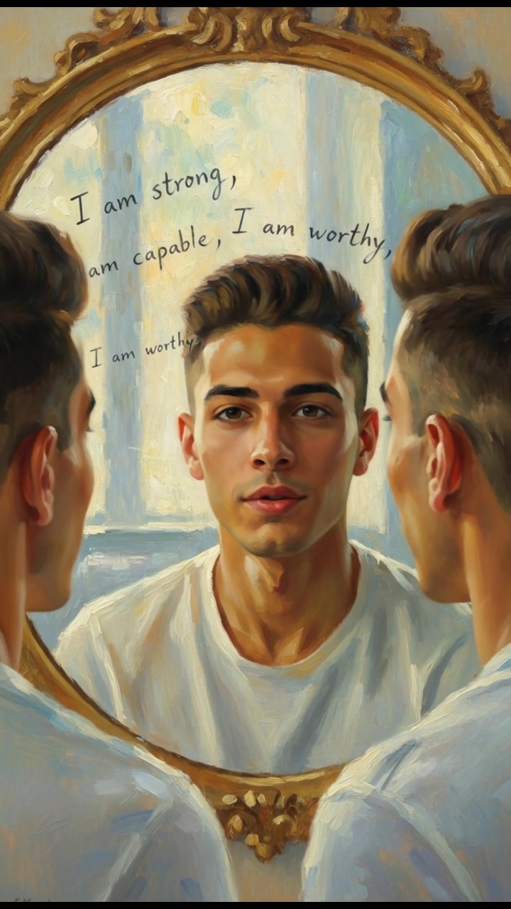 A close-up of Amir looking in a mirror, confidently saying positive affirmations to himself.