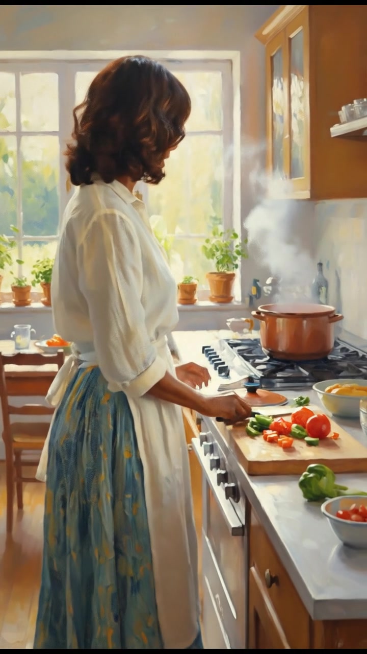 Monique standing proudly in her kitchen, preparing dinner for her family.