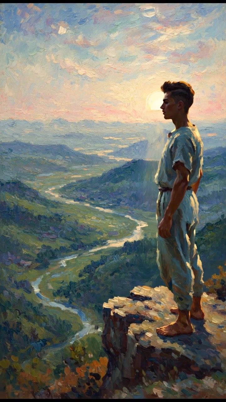 Amir standing at the edge of a cliff, looking out over a vast valley.